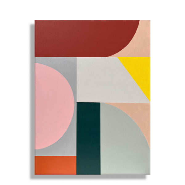 Abstract circle painted composition by Moglea, featuring vibrant colors and textured brushstrokes, on a canvas background.