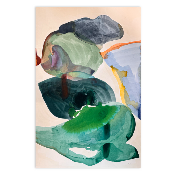 Abstract art print with colorful shapes on a beige background