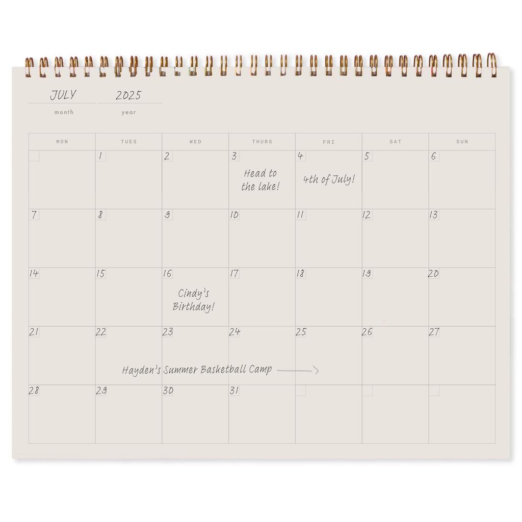 Calendar page for July 2025 with handwritten notes on a white background