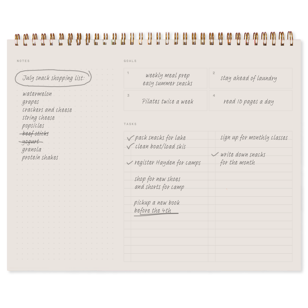 Notebook page with a shopping list and to-do list on a white background